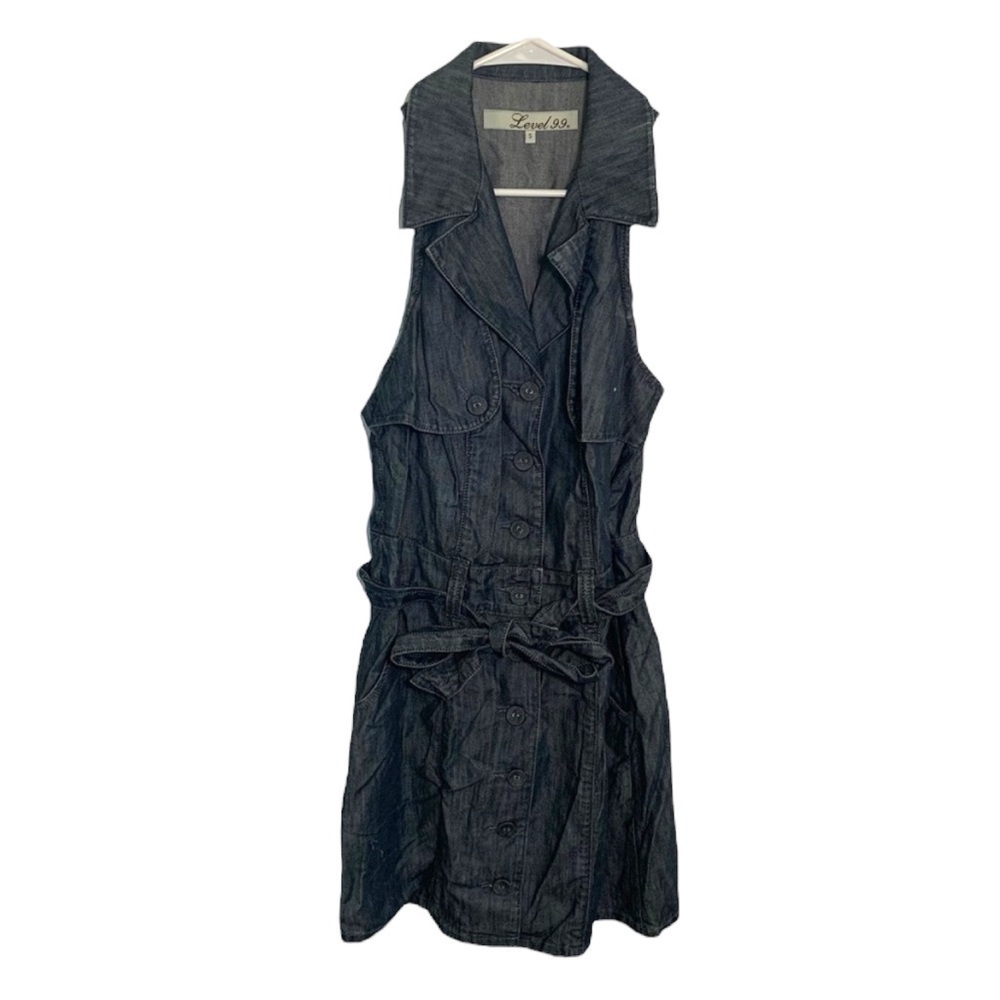 Level 99 Women's Size Small Sleeveless Shirt Dress Dark Blue Chambray Belted